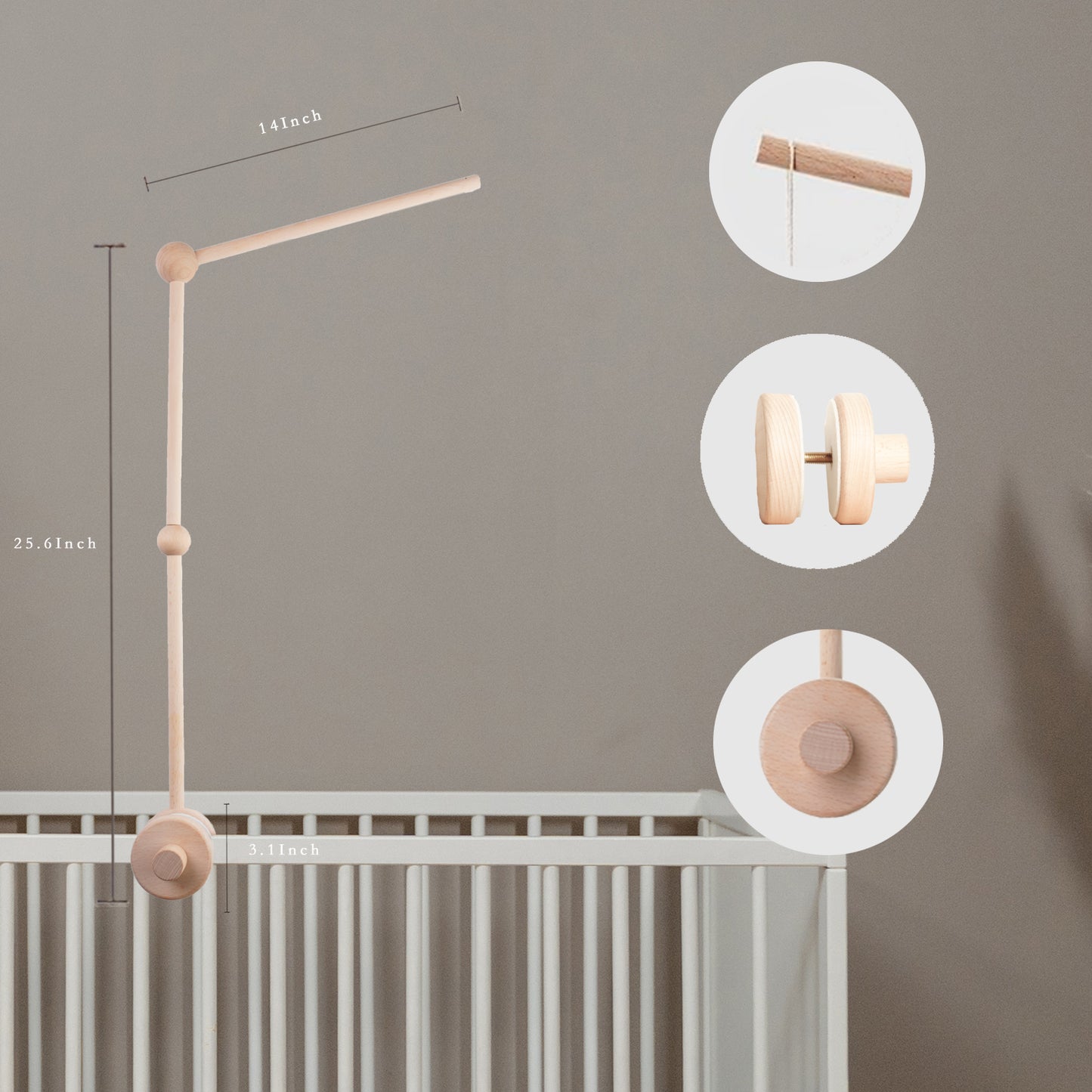 Baby Crib Mobile Arm - Wooden Mobile Hanger for Crib, Crib Mobile Holder for Newborn Girls Boys Nursery Decor