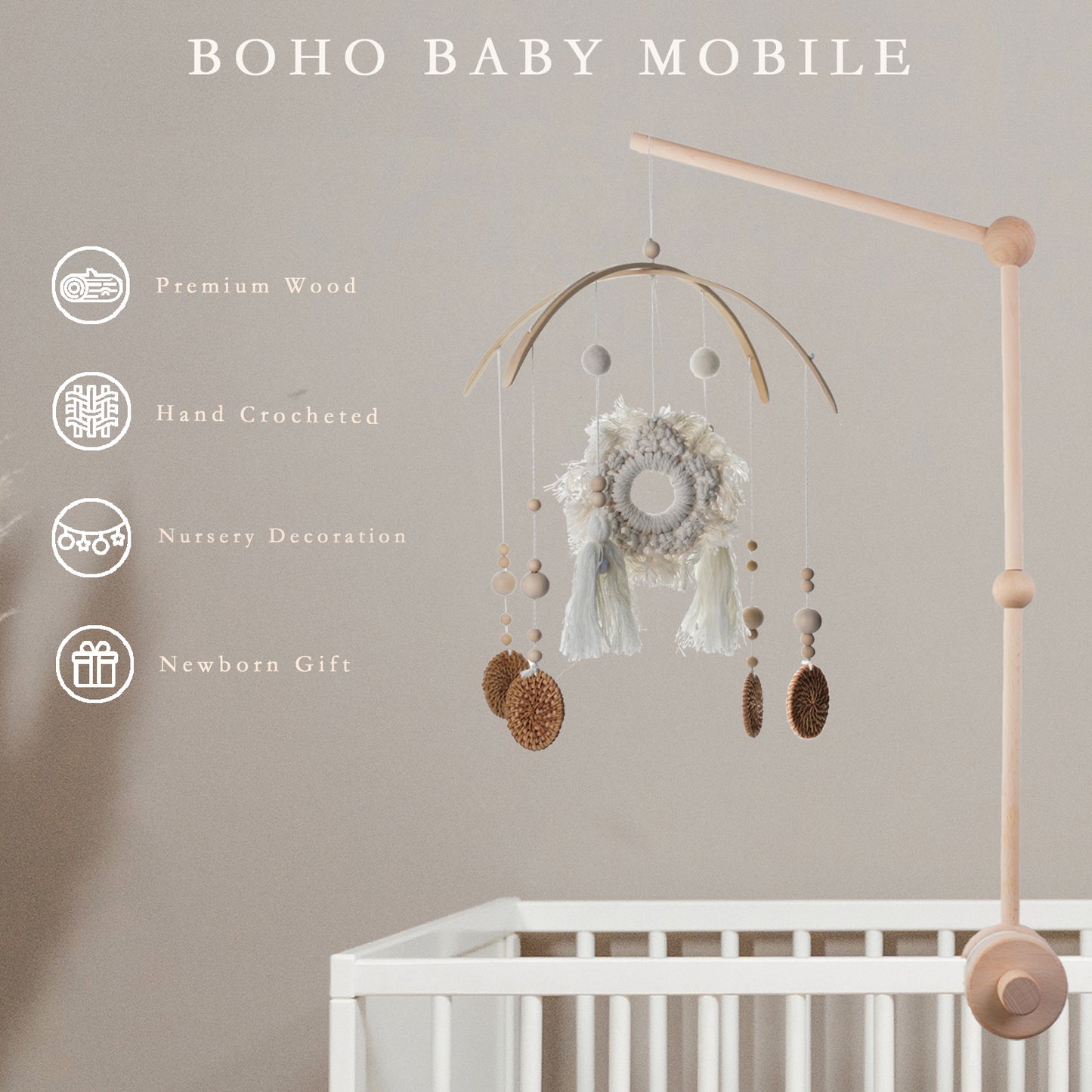 Baby Mobile for Crib - Boho Crib Mobile with Handmade Cotton Tassel and Rattan, Crib Mobile for Girls Boys, Nursery Mobile Kids Room Decor