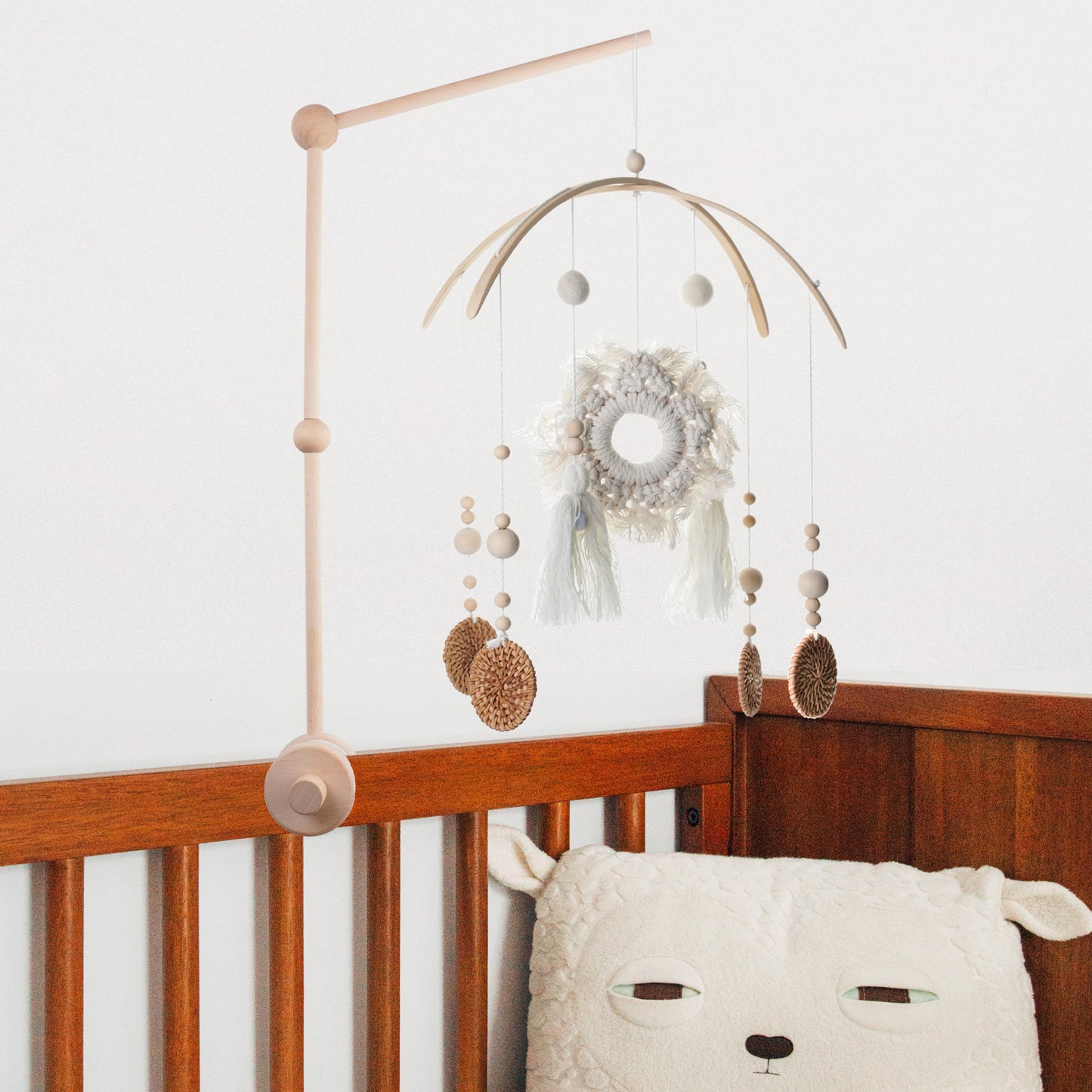 Baby Mobile for Crib - Boho Crib Mobile with Handmade Cotton Tassel and Rattan, Crib Mobile for Girls Boys, Nursery Mobile Kids Room Decor