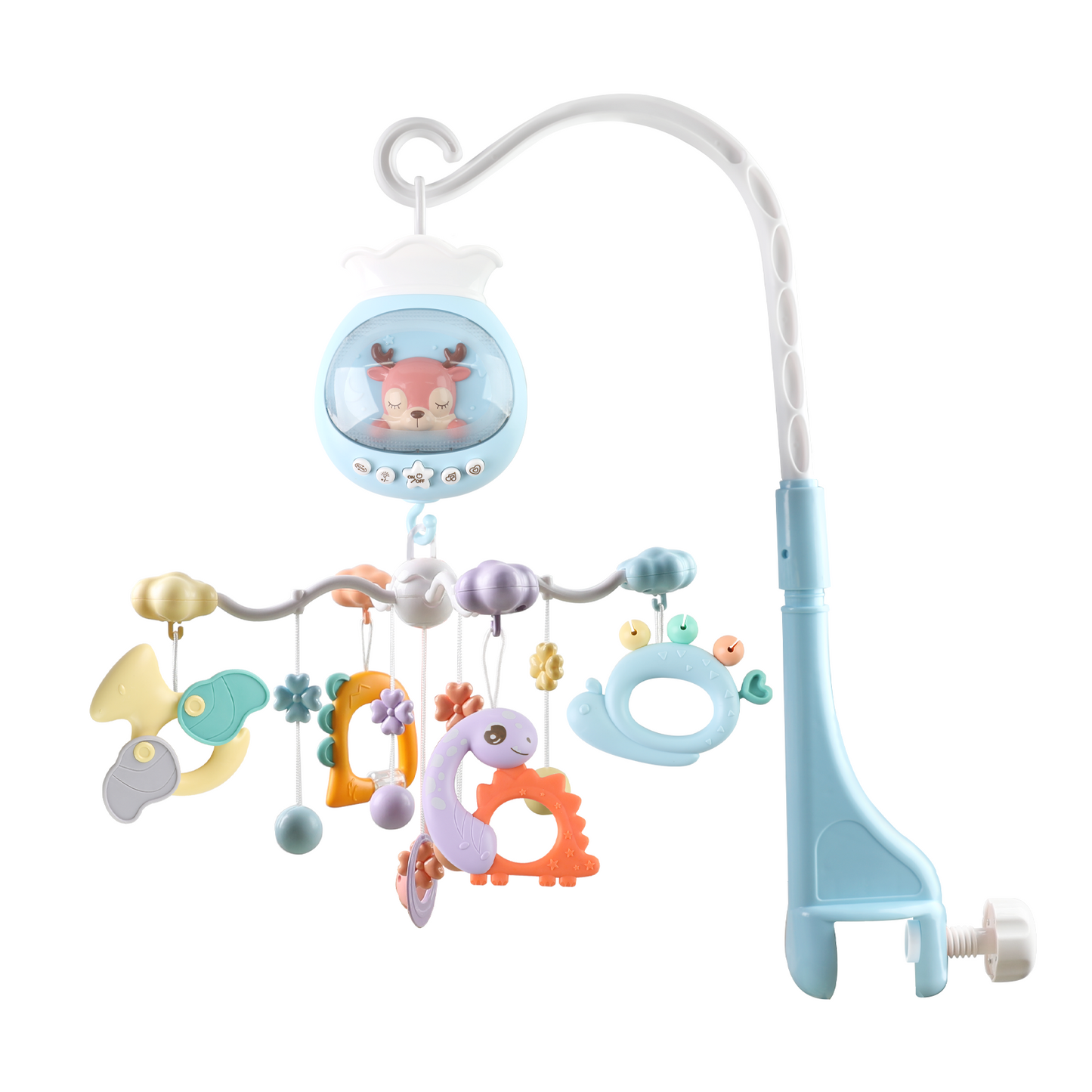 Baby Musical Crib Mobile with Timing Function and Soft Lights, Baby Mobile for Crib with Hanging Rotating Rattles, Remote Control, Crib Mobile for Newborn Girls Boys - Blue