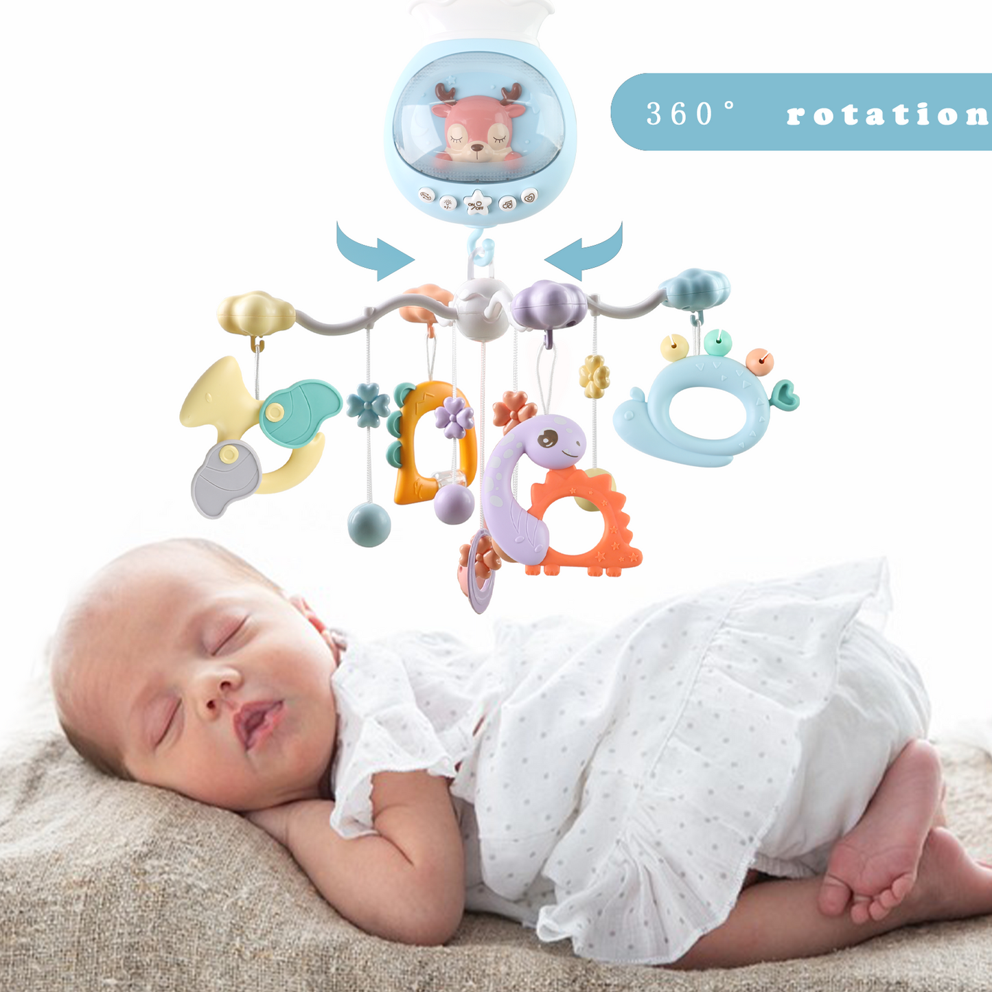 Baby Musical Crib Mobile with Timing Function and Soft Lights, Baby Mobile for Crib with Hanging Rotating Rattles, Remote Control, Crib Mobile for Newborn Girls Boys - Blue