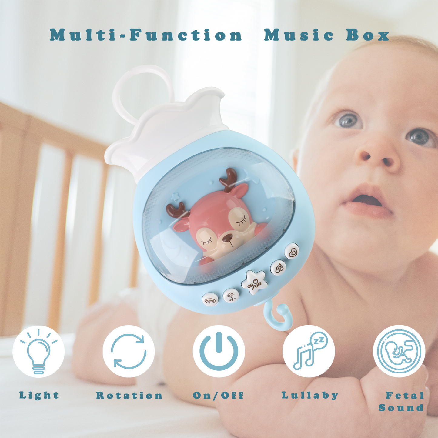 Baby Musical Crib Mobile with Timing Function and Soft Lights, Baby Mobile for Crib with Hanging Rotating Rattles, Remote Control, Crib Mobile for Newborn Girls Boys - Blue