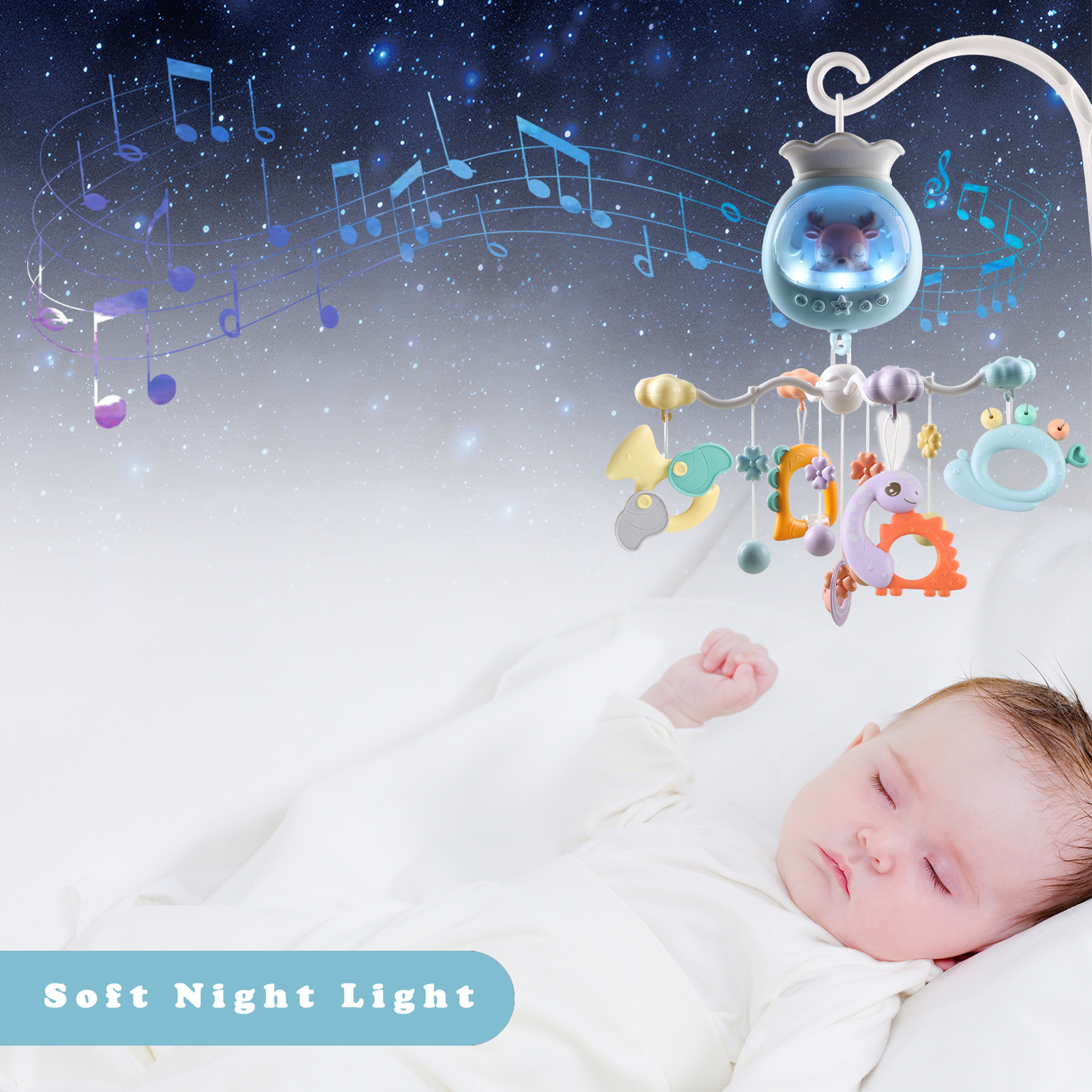 Baby Musical Crib Mobile with Timing Function and Soft Lights, Baby Mobile for Crib with Hanging Rotating Rattles, Remote Control, Crib Mobile for Newborn Girls Boys - Blue