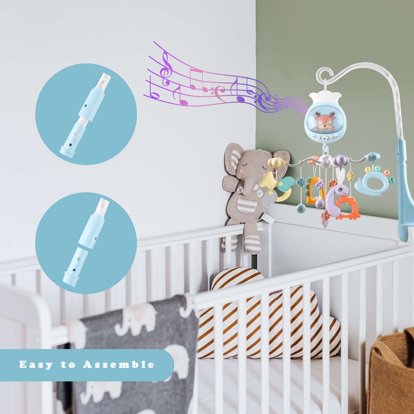 Baby Musical Crib Mobile with Timing Function and Soft Lights, Baby Mobile for Crib with Hanging Rotating Rattles, Remote Control, Crib Mobile for Newborn Girls Boys - Blue