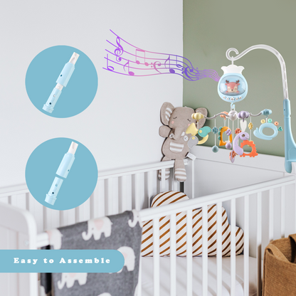 Baby Musical Crib Mobile with Timing Function and Soft Lights, Baby Mobile for Crib with Hanging Rotating Rattles, Remote Control, Crib Mobile for Newborn Girls Boys - Blue