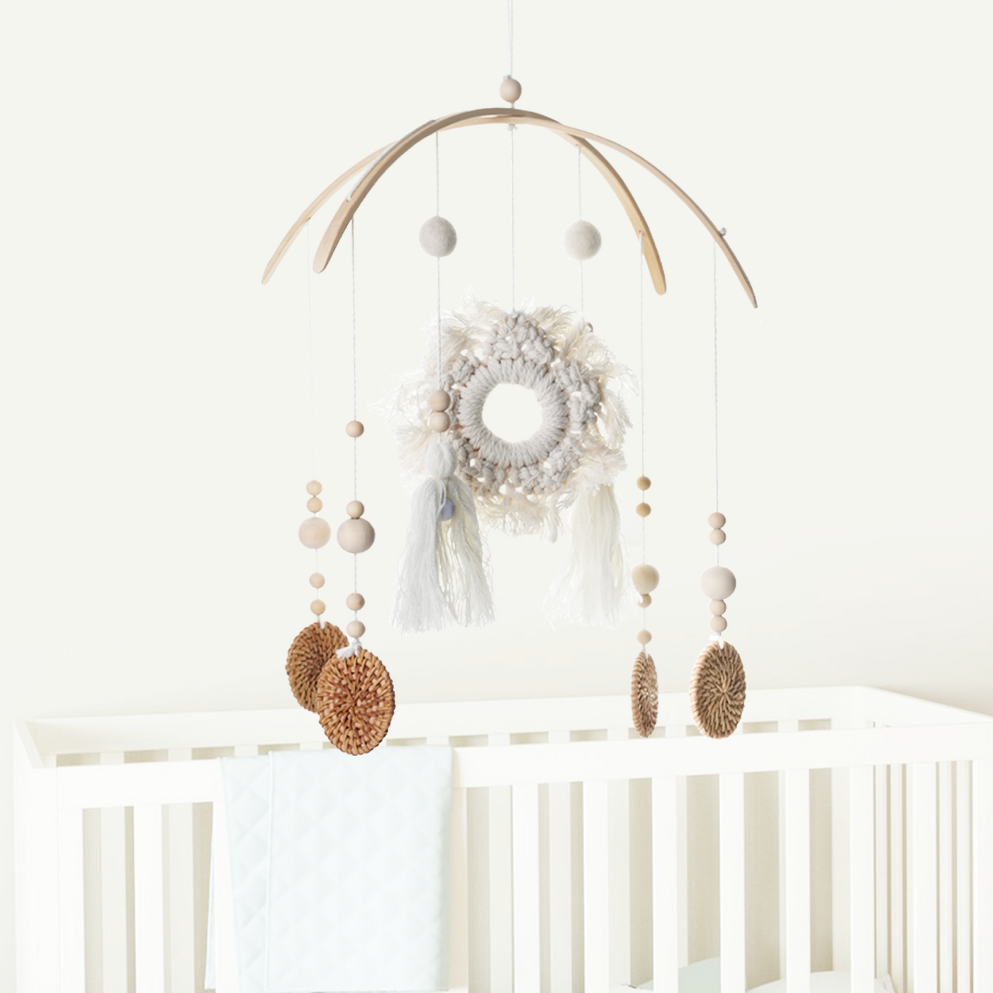 Baby Mobile for Crib - Boho Crib Mobile with Handmade Cotton Tassel and Rattan, Crib Mobile for Girls Boys, Nursery Mobile Kids Room Decor